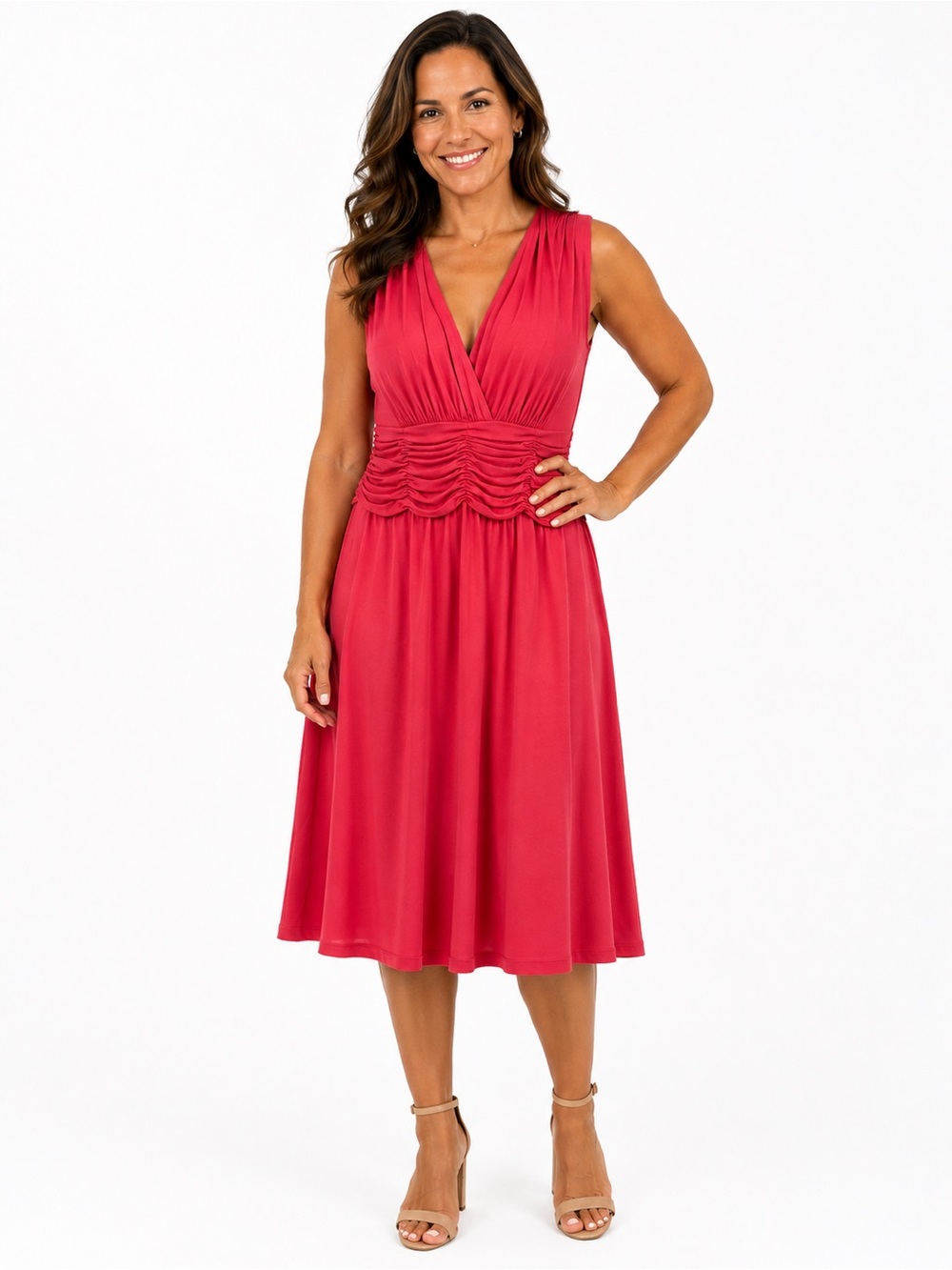 Jones Wear dress Sleeveless V-Neck Midi Dress in Coral